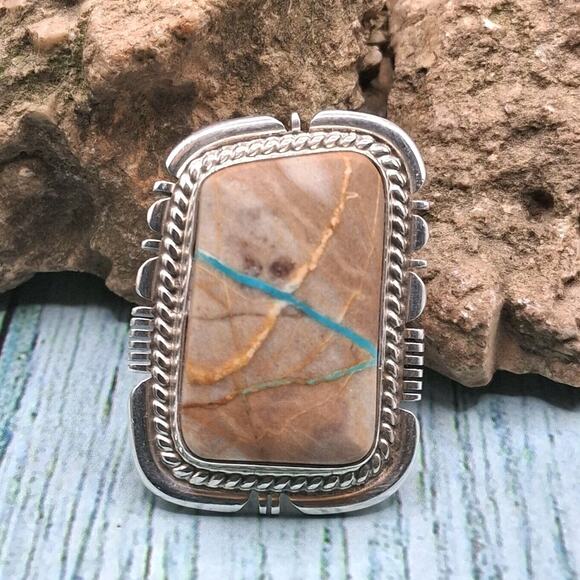 Native American Royston Ribbon Turquoise Ring Size 7 Signed BP Sterling Silver